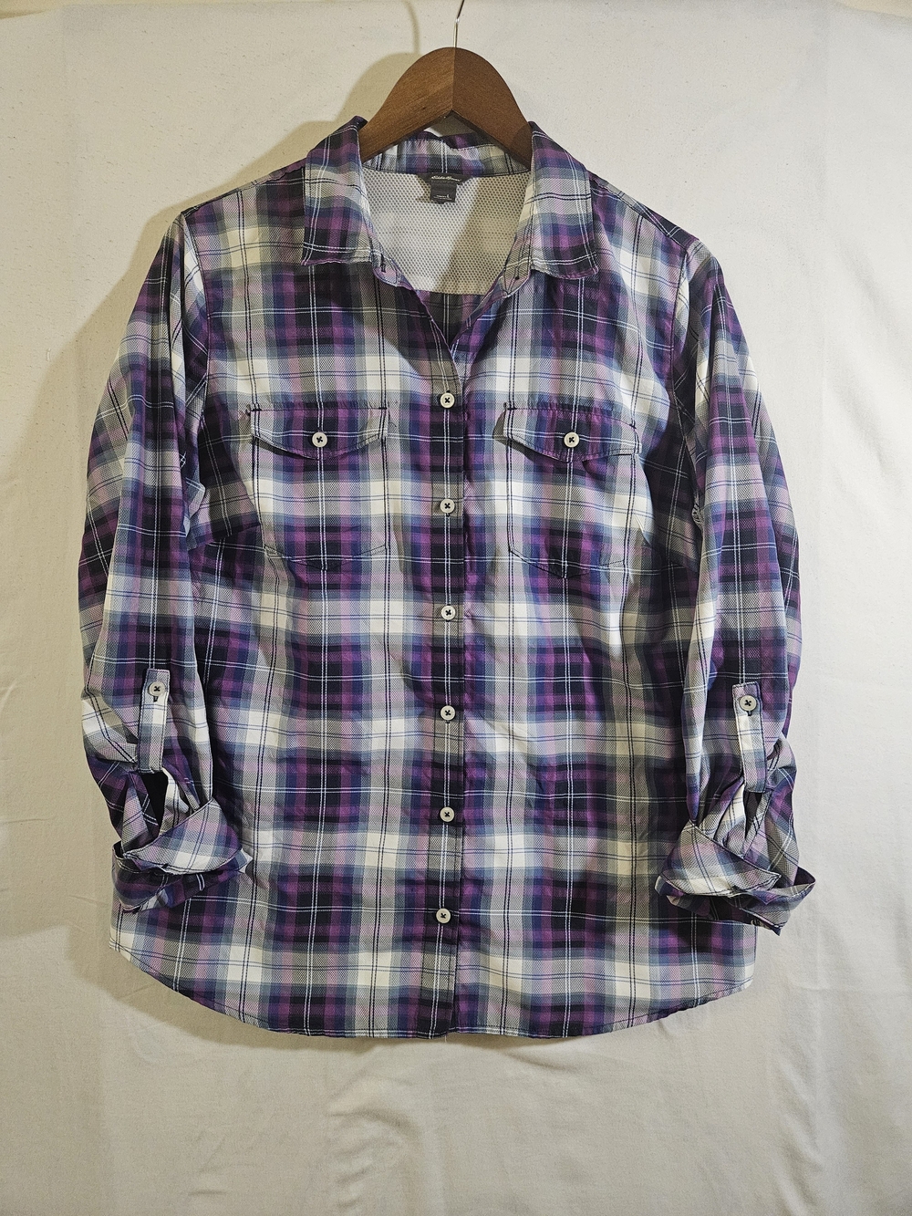 Eddie Bauer Purple Plaid Roll-Tab Button-Down Shirt